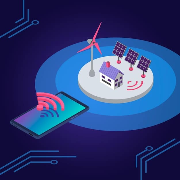 An illustration of a smart grid system, showing how wind farms are connected to the grid and how energy storage solutions are used to balance supply and demand. The illustration highlights the communication and control systems that manage the flow of electricity.