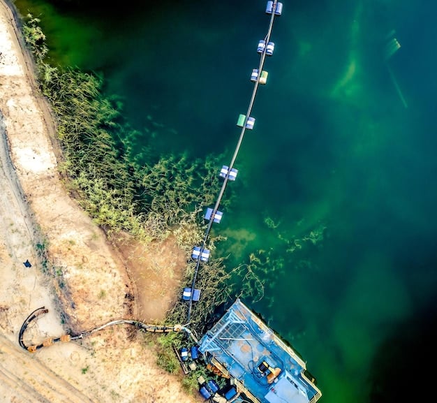 An aerial view of a reservoir with advanced monitoring buoys and sensors, demonstrating real-time data collection for environmental management.