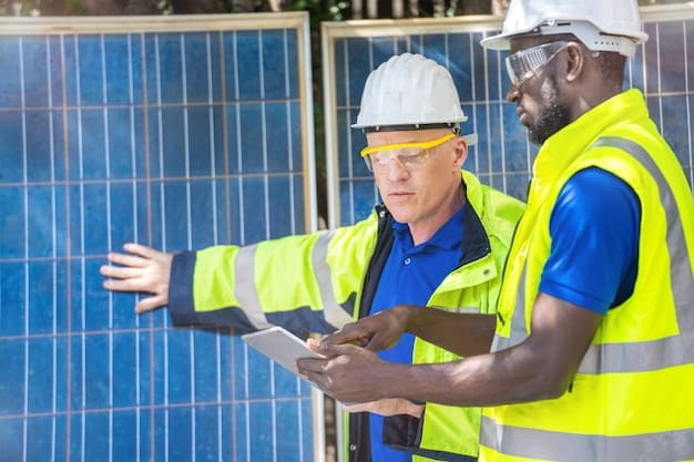 A worker inspecting a solar panel array, wearing safety harness and using specialized equipment to test the panel's performance and identify any issues.