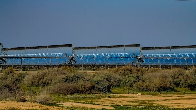 A large-scale solar farm with rows of solar panels stretching into the distance, under a clear blue sky. The image showcases the vast potential of solar energy and its increasing presence in the energy sector.