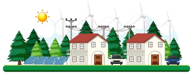 A graphical representation showing a complex electrical grid with various renewable energy sources (solar panels, wind turbines, hydroelectric dams) connected to it. Arrows indicate the flow of electricity across the grid.