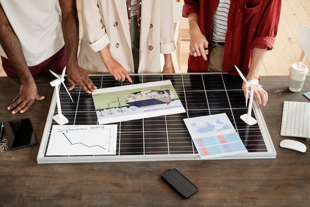 A group of people in a meeting room, discussing energy policy and planning. Charts and graphs are displayed on a screen, showing renewable energy adoption rates and grid integration strategies.