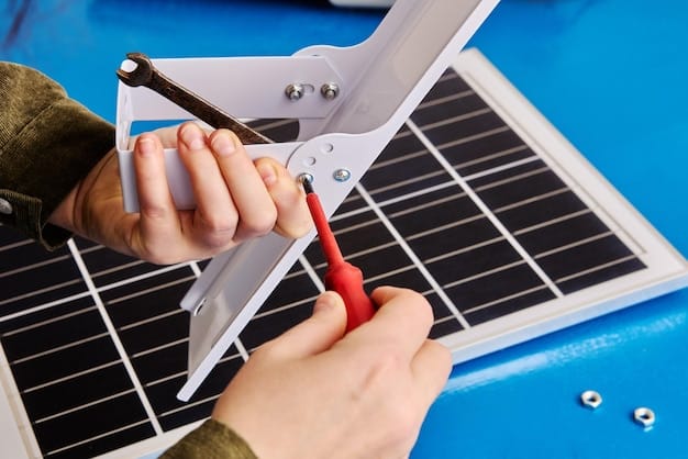 A close-up of a person's hands working on a solar panel installation on a rooftop, with tools visible and a focus on the detailed technical work involved.