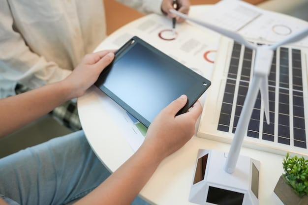 A person using a tablet to monitor their home's solar energy production, with a graph or chart showing energy savings and consumption.