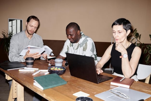 A diverse group of people gathered around a table, reviewing documents and discussing the terms and conditions of a community solar program. The scene emphasizes the importance of understanding the fine print before subscribing.