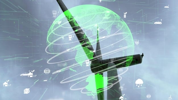 A digital rendering of a smart grid control center, showing real-time data visualization of wind energy production and distribution. The image highlights the integration of wind energy into the grid and the use of advanced software to manage energy flow.