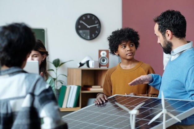 A diverse group of people participating in a community solar project, installing solar panels on a shared rooftop. The image symbolizes collective action and the democratization of renewable energy.