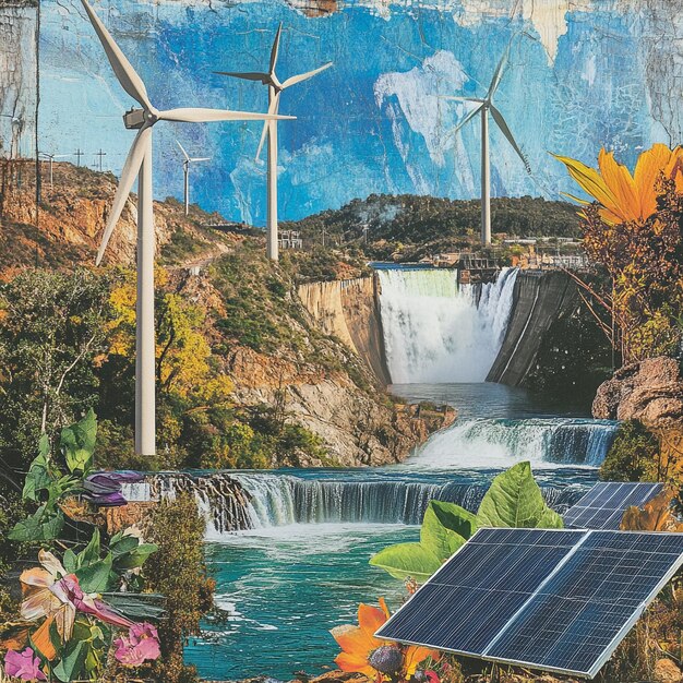 A collage showcasing various renewable energy sources, including solar panels, wind turbines, hydroelectric dams, and geothermal plants.
