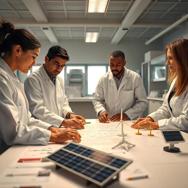 A diverse group of engineers and scientists collaborating on a solar panel design in a modern, brightly lit laboratory. They are using advanced software and equipment to analyze and improve the panel's efficiency.