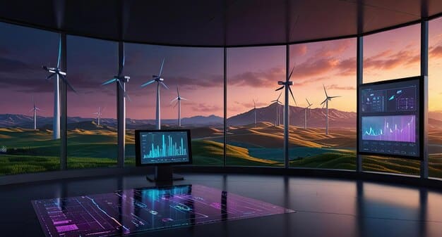 A high-tech control room of a wind farm, with operators monitoring the performance of multiple wind turbines on large screens. Data visualizations and real-time analytics are prominently displayed.