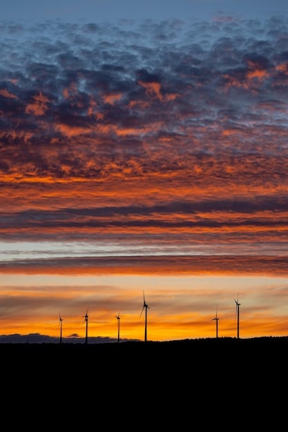A wind turbine farm at sunset, with multiple turbines silhouetted against the colorful sky. The landscape is a flat, open field.
