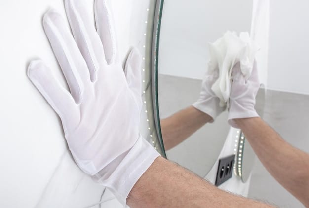 Close-up shot of a gloved hand using a soft brush and soapy water to gently clean the surface of a solar panel. The panel is slightly dusty before cleaning, and the water is beading up as it is cleaned. The background is blurred, focusing on the cleaning process itself.