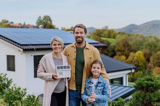 A family happily installing solar panels on their roof, symbolizing the ease and accessibility of modern renewable energy solutions.