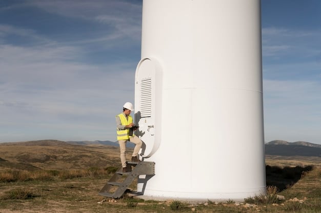 A close-up shot of a wind turbine technician inspecting the blades of a massive wind turbine, emphasizing the scale and technical nature of the job.