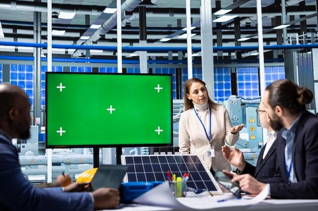 A group of engineers in a control room monitoring the performance of a solar power plant, with large data screens displaying real-time energy production metrics.