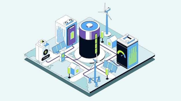 An illustration depicting an advanced energy storage facility integrated with a smart grid system. The facility consists of large battery banks, thermal storage units, and pumped hydro storage, all connected to a network of smart grid technologies, including sensors, monitors, and control systems. The image emphasizes the seamless integration of renewable energy sources and energy storage to support a reliable and efficient power supply.