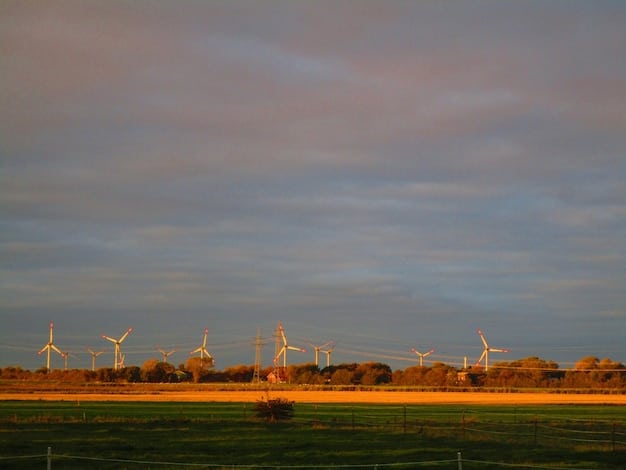 A panoramic view of a large-scale wind farm at sunset, showcasing numerous wind turbines turning against a vibrant sky, emphasizing the scale and visual impact of wind energy projects.