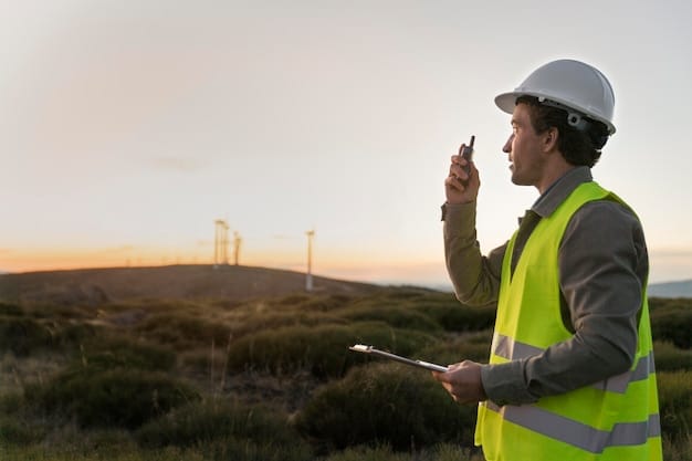 An engineer in a hard hat inspecting a row of solar panels on a rooftop, with skyscrapers visible in the background, demonstrating the integration of renewable energy in urban environments.