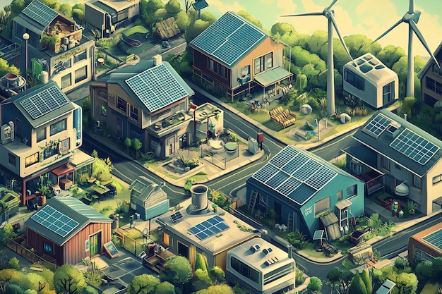 A detailed illustration of a smart grid system, showcasing two-way communication between renewable energy sources (solar panels and wind turbines) and consumers, highlighting real-time data monitoring and automated adjustments.