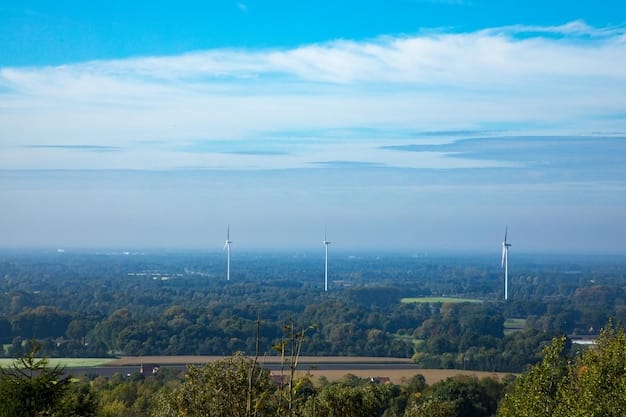 Clear blue skies over a bustling city skyline, with a wind farm visible in the distance, symbolizing clean energy and reduced air pollution.