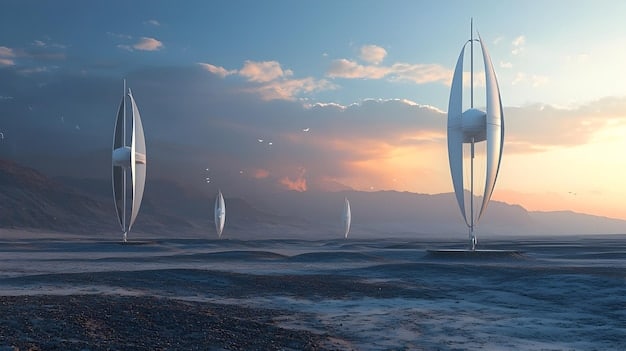 A futuristic cityscape powered entirely by renewable energy. The city includes wind turbines on tall buildings, solar panels integrated into building facades, and electric vehicle charging stations lining the streets. The skyline is clean and free of pollution.