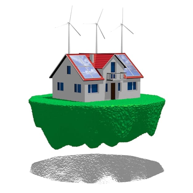 A graphical representation comparing the carbon footprint of a home powered by a small-scale wind turbine versus a home powered by traditional fossil fuels. The wind turbine graphic shows green leaves and clean air, while the fossil fuel graphic shows smoke and pollution.