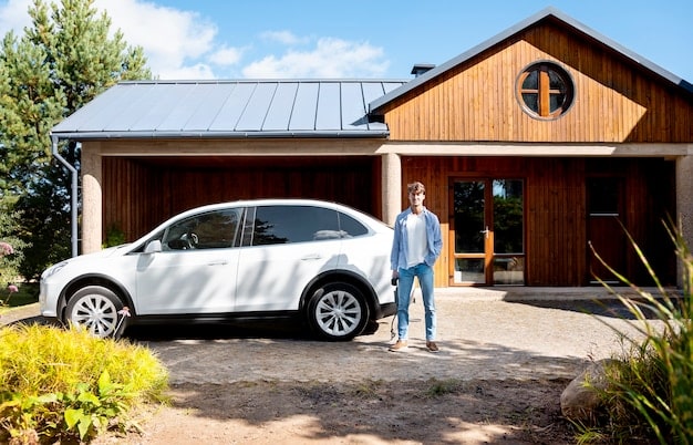 A modern home with solar panels on the roof, and a small electric car charging in the driveway. The scene is set during the daytime.