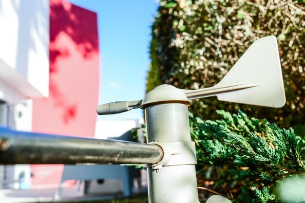 A close-up shot of a small wind turbine installed on a residential property, highlighting the rotor blades and generator, set against a clear blue sky, illustrating the mechanics of a domestic wind turbine.