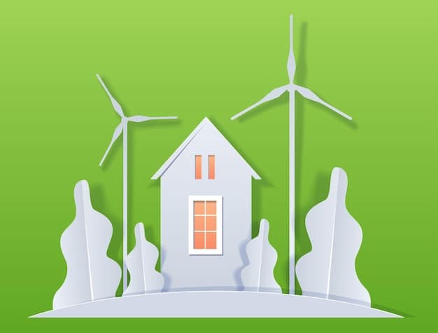 A visual representation of a house powered by a small wind turbine, with graphics highlighting reduced carbon emissions, cost savings, and energy independence, illustrating the key benefits of home wind power.