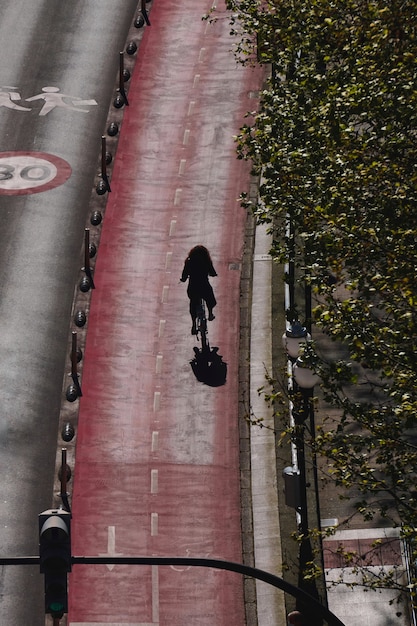 A person riding a bicycle on a city street with a dedicated bike lane. The background shows other cyclists, pedestrians, and a public transportation bus, emphasizing various sustainable transportation options.