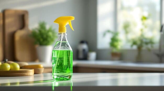 A close-up shot of hands wearing gloves cleaning a wooden surface using a spray bottle with a label that clearly reads 