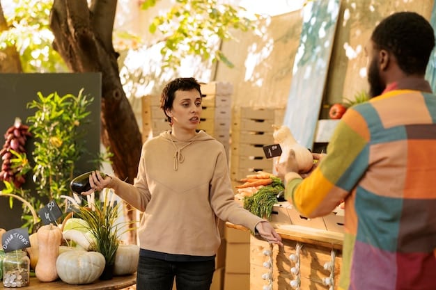 A person shopping at a local farmer's market, selecting fresh, seasonal produce, promoting the benefits of buying local and supporting sustainable agriculture.