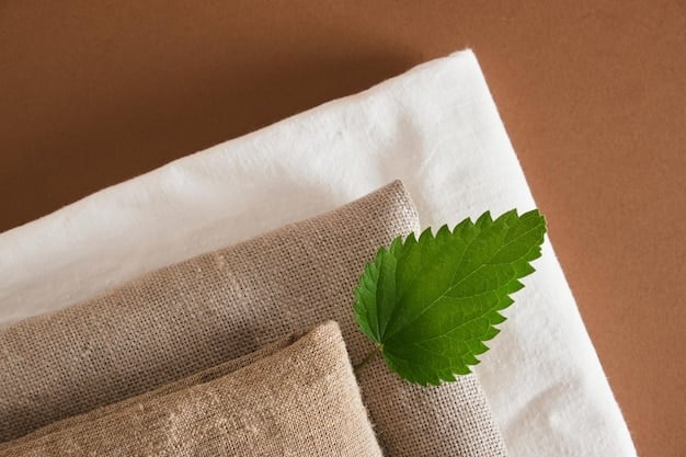 A close-up shot of various sustainable fabric samples, such as organic cotton, recycled polyester, and hemp, with detailed textures visible, highlighting the eco-friendly materials used in sustainable fashion.