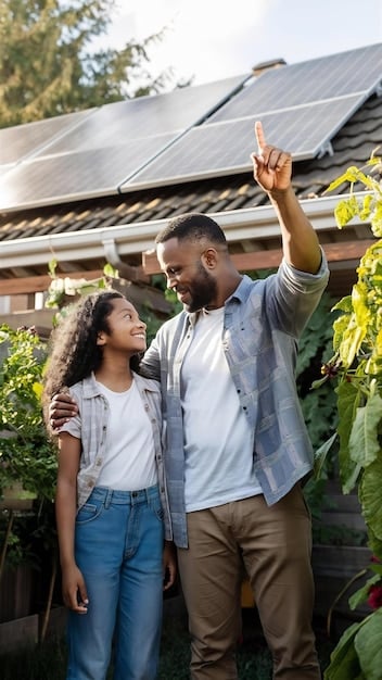 An image showing a diverse family smiling and looking at solar panels installed on their roof. The image conveys a sense of happiness, pride, and sustainability.