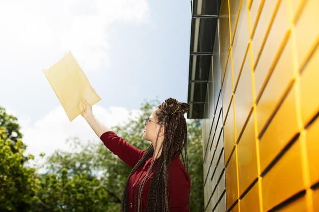 A person happily holding a significantly lower electricity bill, with a window showing a sunny, green environment in the background, symbolizing the positive impact of energy-efficient living.