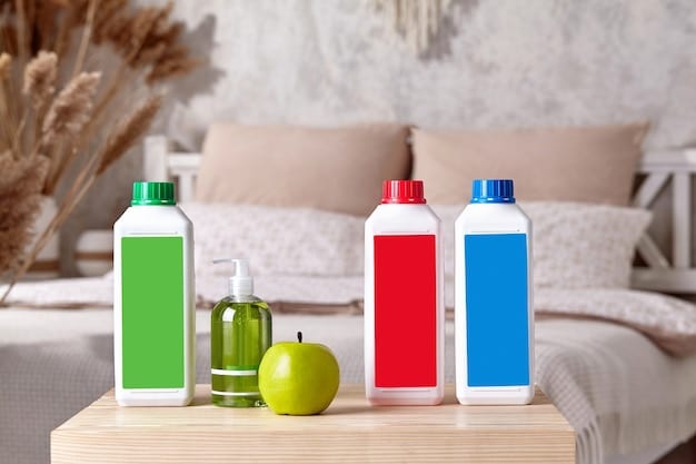 A selection of various eco-friendly cleaning product bottles from different brands displayed on a shelf in a store. Brands like 