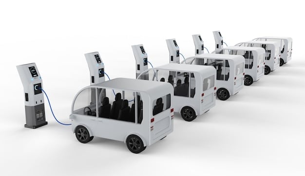 A charging station with several electric vehicles plugged in, showcasing a modern and eco-friendly transportation scenario.