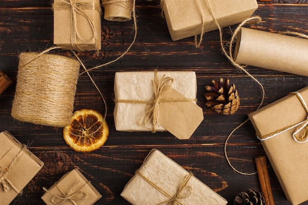 A collection of eco-friendly wrapped gifts, featuring brown paper adorned with stamps, fabric wraps tied elegantly, and repurposed maps used as wrapping paper. Natural twine and small sprigs of greenery accentuate the packages.