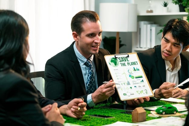 A business meeting where participants are discussing carbon footprint reduction strategies, including carbon offsetting. The setting is modern and eco-friendly.