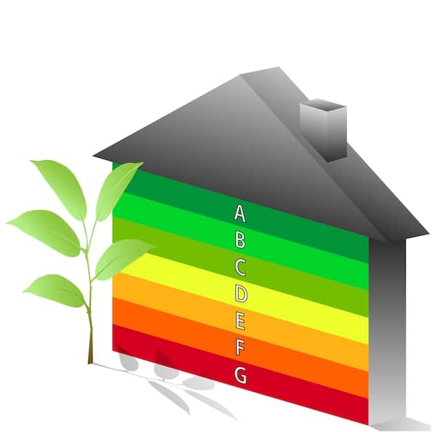 A cross-section diagram of a house demonstrating passive heating and cooling strategies. The diagram showcases features such as solar orientation, thermal mass, natural ventilation, and shading devices. The overall aim is to illustrate how the house effectively uses natural resources to regulate temperature.