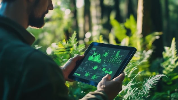 A person using a tablet to analyze ESG scores and sustainability ratings of various companies, showcasing the integration of technology in sustainable investment analysis and due diligence.