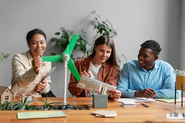 A diverse group of people working together in a modern, eco-friendly office, symbolizing social responsibility and ethical business practices. The image emphasizes collaboration and community engagement in sustainable investing.