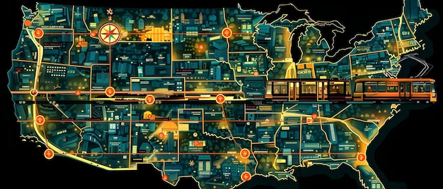 A graphical representation of the US electrical grid, highlighting areas where grid-scale battery storage systems are deployed and showing the flow of energy.