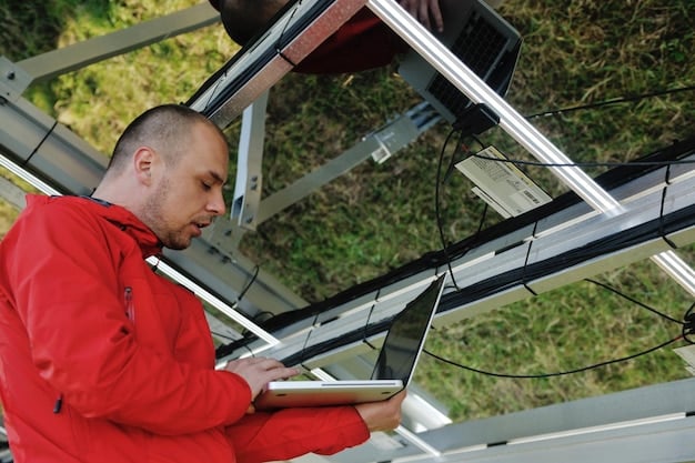 A technician is inspecting a climate control system in a vertical farm, with a panel of sensors and automated controls visible in the background. The image highlights the precision and technology involved in maintaining optimal environmental conditions.