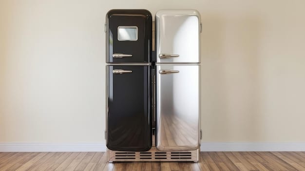 A split image showing two refrigerators side-by-side. On the left, an older, less efficient refrigerator with a visible energy consumption meter displaying high usage. On the right, a modern, Energy Star certified refrigerator with a lower energy consumption reading.