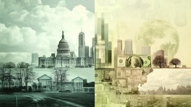 A collage showing various government buildings and energy regulatory agencies in the US, alongside images of wind turbines and solar panels, illustrating the interplay between policy, regulation, and renewable energy adoption.