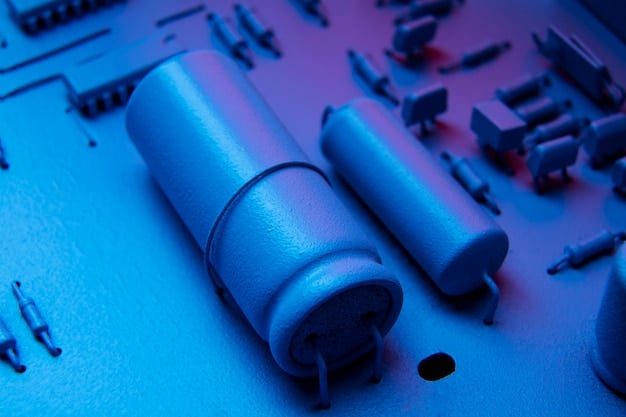 A close-up image of a solid-state battery prototype. The battery is small, sleek, and shows a metallic casing. The background is a clean lab environment, suggesting advanced research and development.
