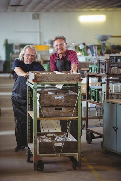 Employees working in a facility that produces sustainable packaging, showcasing the production process and the collaborative effort involved in creating eco-friendly alternatives to traditional plastics.