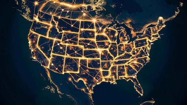 A map of the United States highlighting regions where smart grid technologies have been successfully implemented, with accompanying data visualizations showing improvements in energy efficiency and reduced outage times.