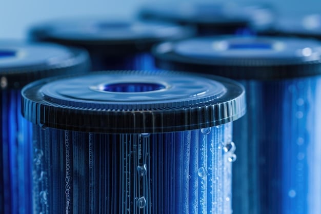 Close-up shot of a high-tech water filtration system with multiple stages, showcasing advanced membrane and carbon filtration technologies, with data readouts and digital displays indicating performance metrics.